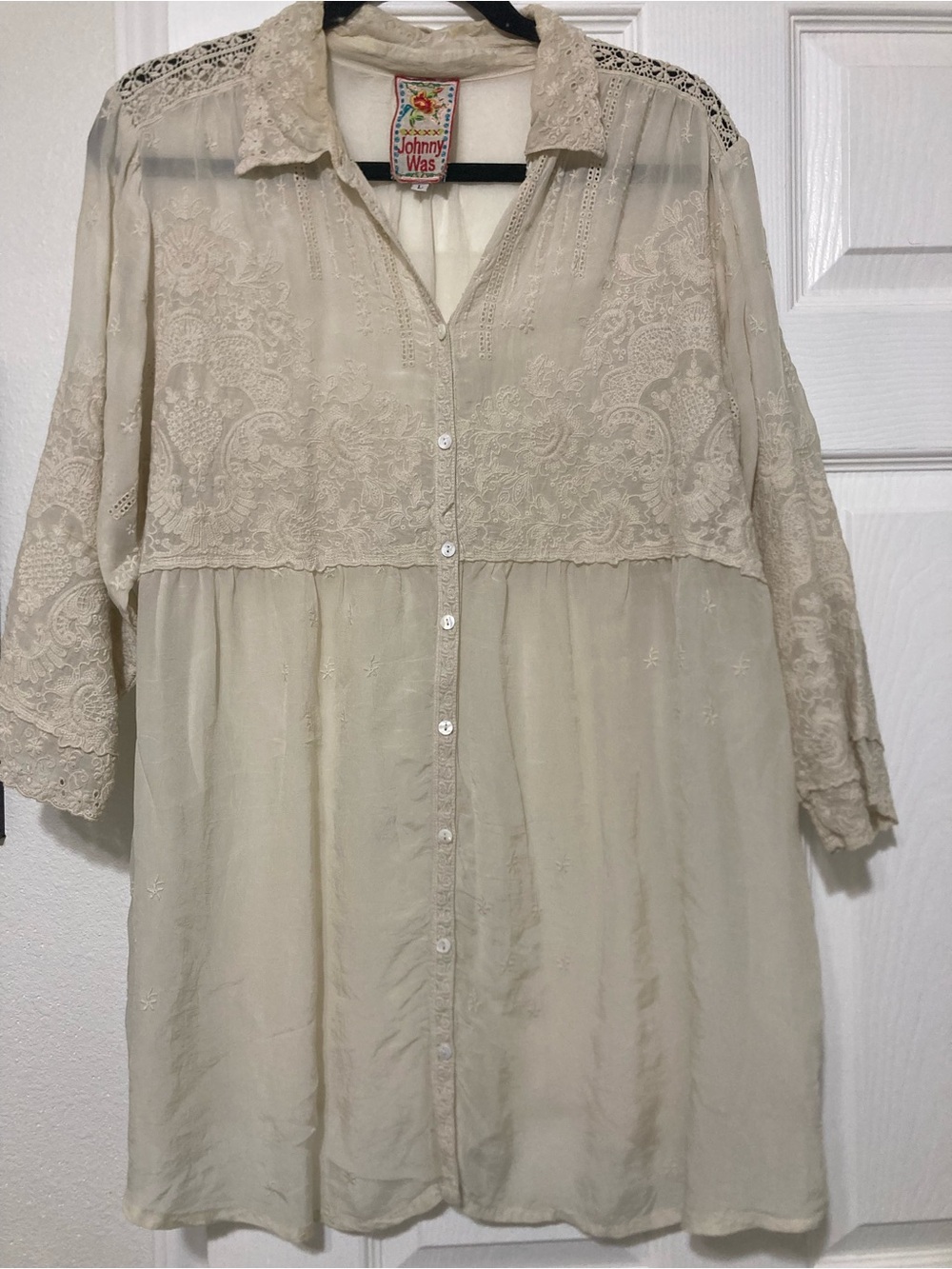 Love Johnny Was Cream Embroidered Tunic Large White Lace Boho Womens Blouse Top